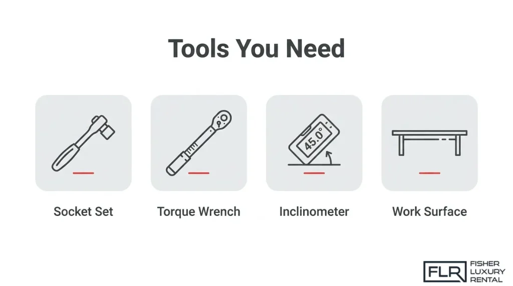 Tools required for Porsche GT3 RS manual wing adjustment including socket set, torque wrench, inclinometer, and work surface