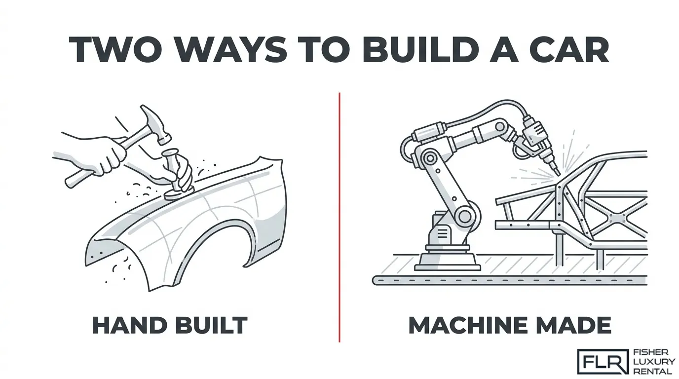 Hand-built car craftsmanship compared with machine-made automotive production