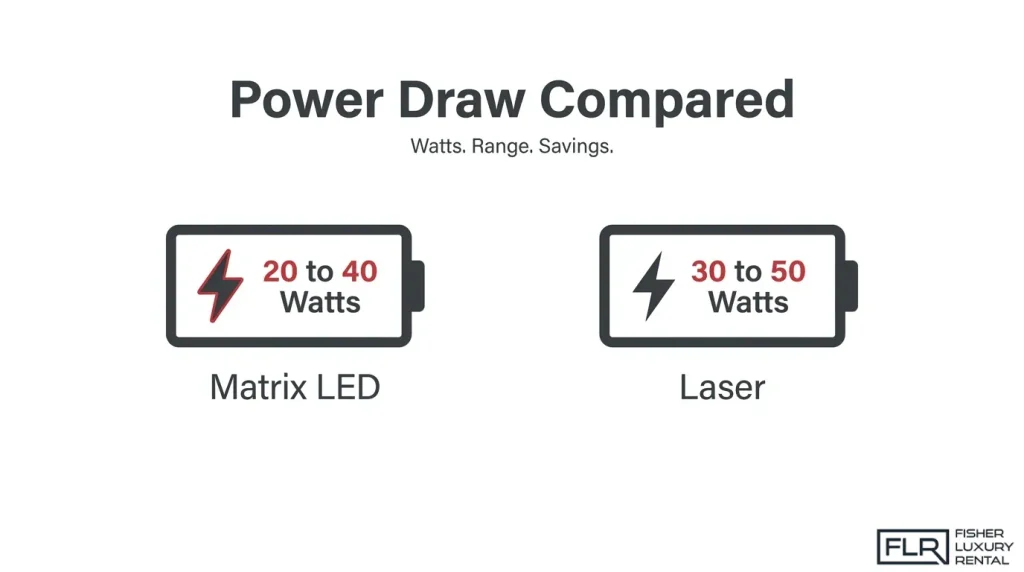 Matrix LED vs laser headlight power draw comparison showing 20 to 40 watts for LED and 30 to 50 watts for laser