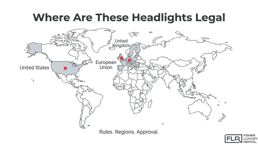 World map showing Matrix LED and laser headlight legal status in the United States, European Union, and United Kingdom