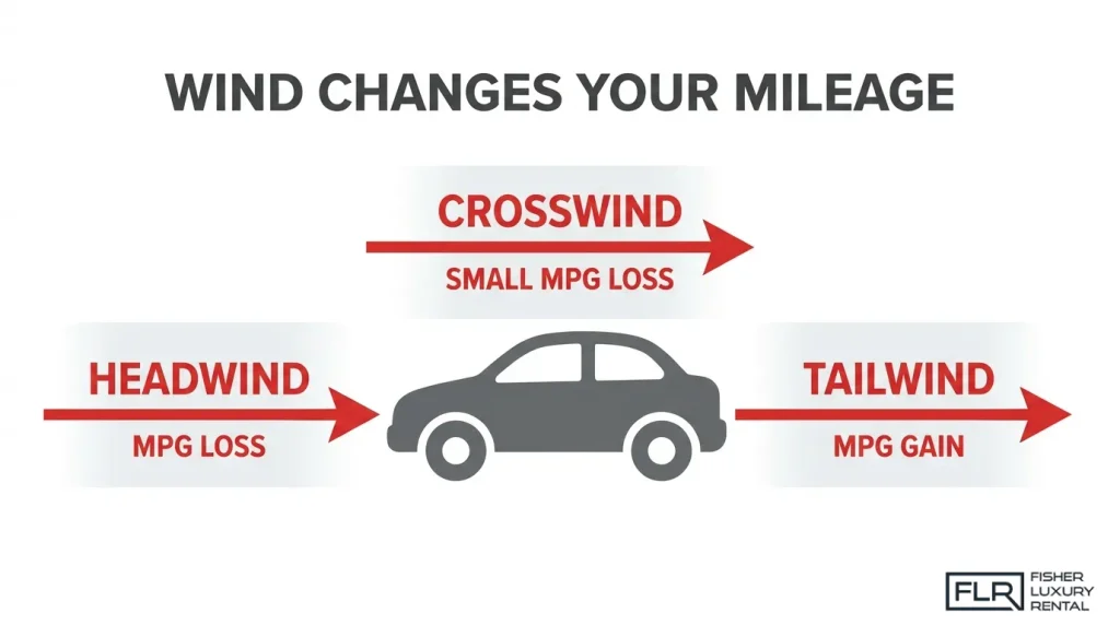 Diagram showing how headwind, tailwind, and crosswind conditions affect vehicle fuel economy and mileage