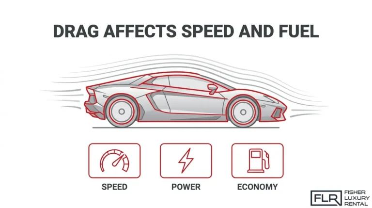 How aerodynamic drag affects vehicle speed, power requirements, and fuel economy with airflow around a sports car