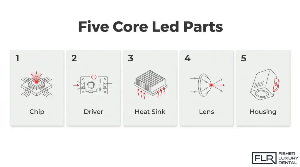 Five core components of LED car lights including chip, driver, heat sink, lens, and housing