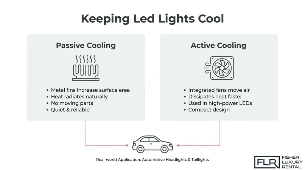LED car light cooling methods showing passive and active heat dissipation systems for automotive lighting