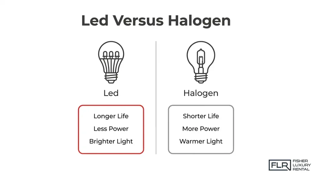 LED versus halogen car bulbs comparison showing lifespan, power usage, and light brightness differences