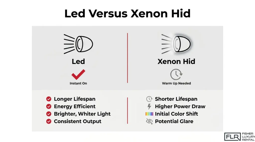 LED versus Xenon HID headlights comparison showing lifespan, efficiency, brightness, and performance differences