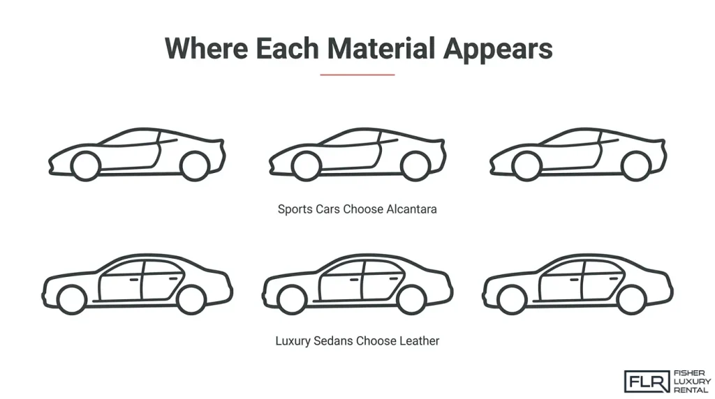 Comparison showing Alcantara use in sports cars and leather interiors in luxury sedans
