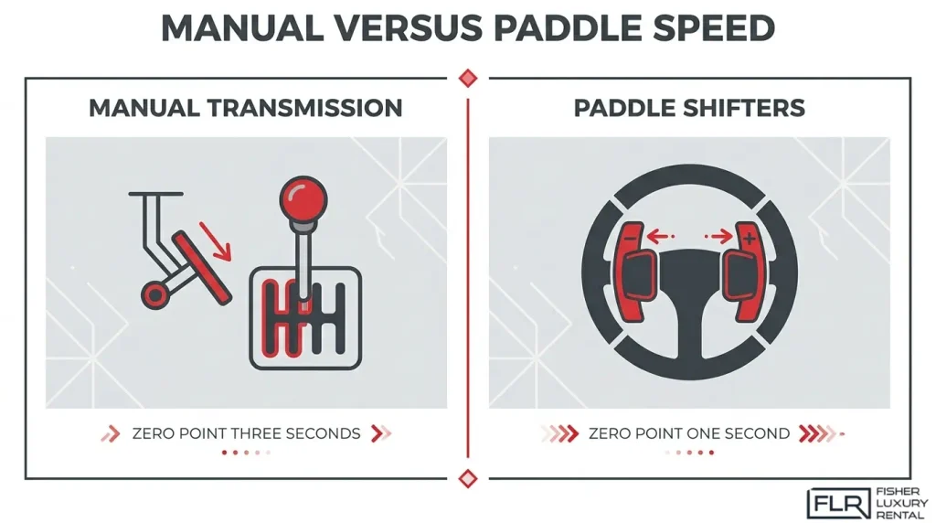 Manual transmission versus paddle shifter comparison showing faster gear changes with paddle shifters