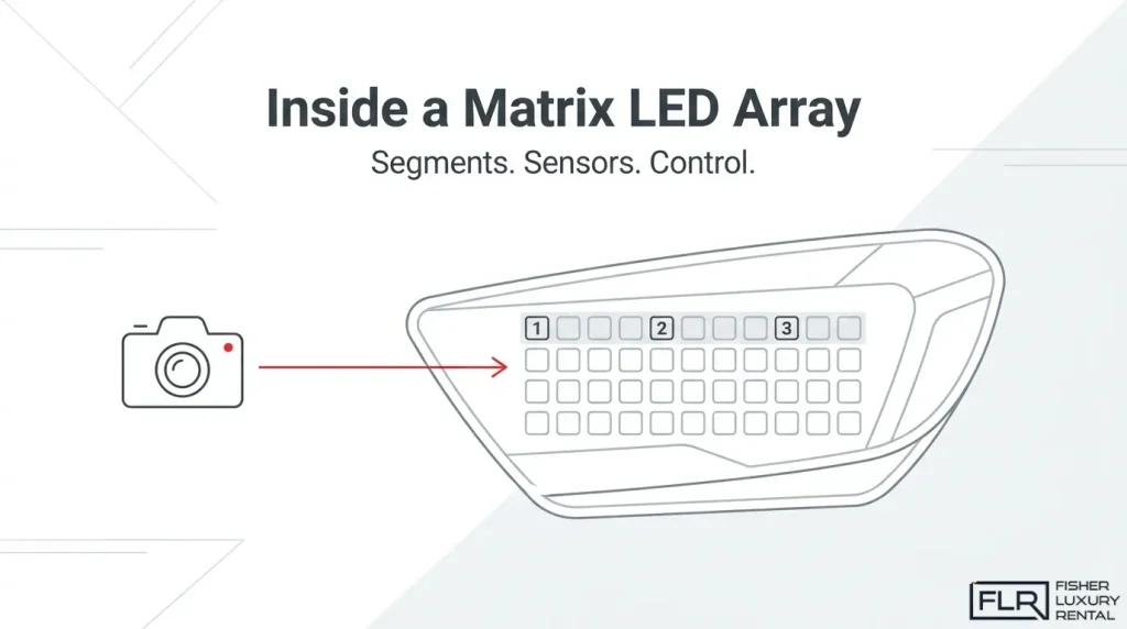 Diagram of a Matrix LED headlight array showing segmented LEDs, sensors, and electronic control