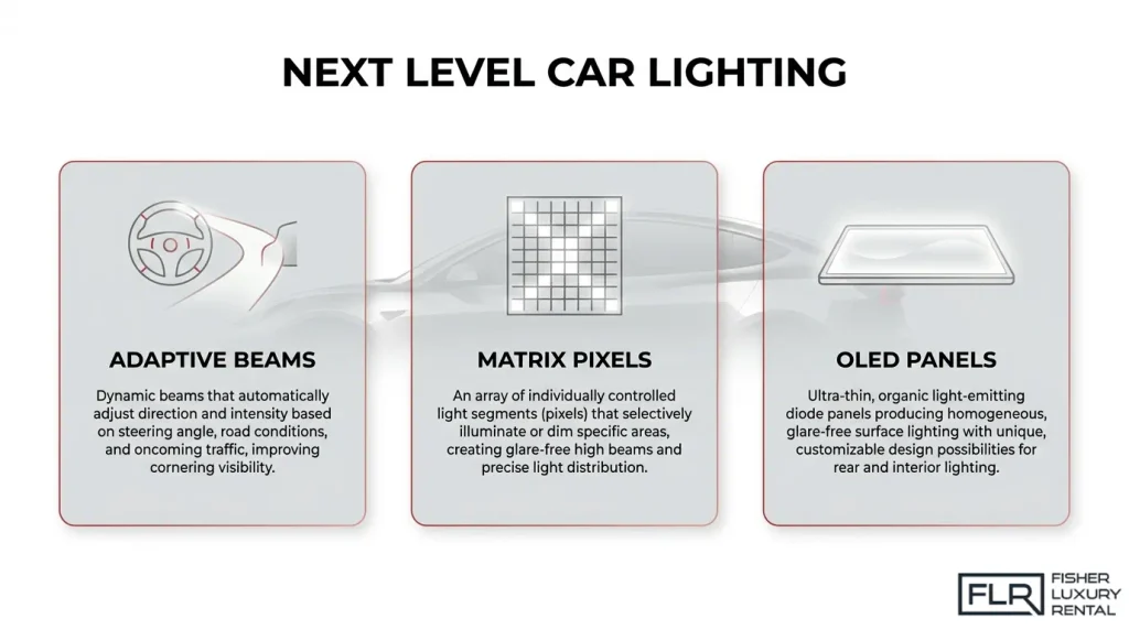 Modern LED car lighting technologies including adaptive beams, matrix pixels, and OLED panels