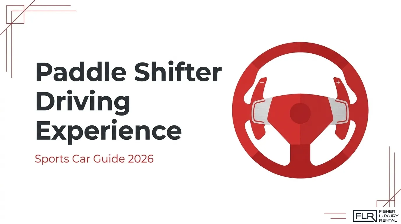 Paddle shifter driving experience guide featuring a sports car steering wheel with paddle controls