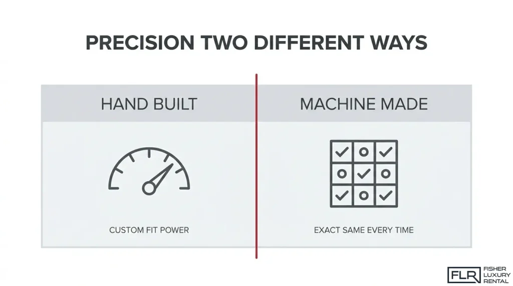 Hand-built versus machine-made car precision comparison showing custom fitting and consistent automated production