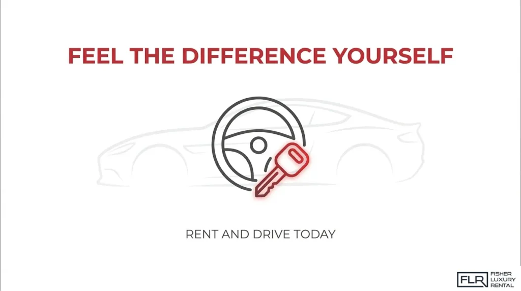 Luxury car rental graphic encouraging drivers to experience a premium hand-built or exotic car