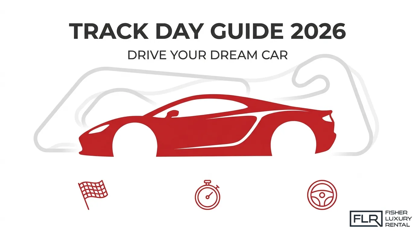 Supercar track day experience guide featuring a sports car silhouette, race track outline, and performance driving icons