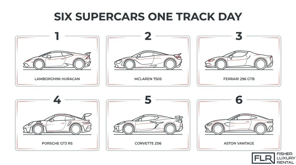 Supercars available for a track day experience including Lamborghini Huracan, McLaren 750S, Ferrari 296 GTB, Porsche GT3 RS, Corvette Z06, and Aston Martin Vantage