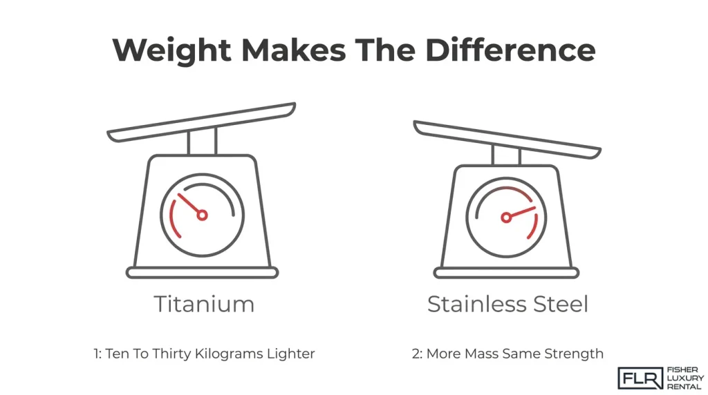 Titanium and stainless steel exhaust weight comparison showing titanium as a lighter performance material