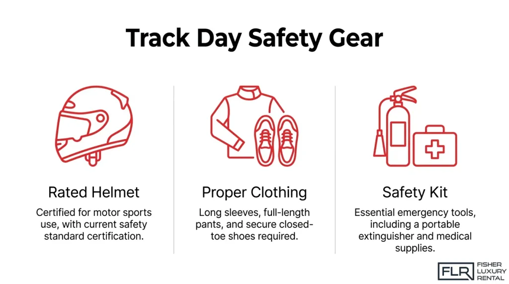 Track day safety gear checklist showing helmet, proper clothing, and emergency safety equipment requirements