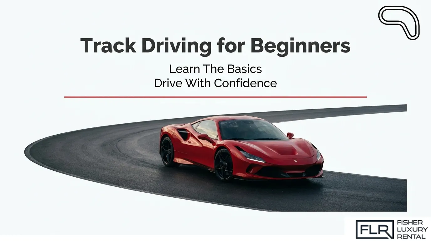 Track driving for beginners guide featuring a Ferrari on a race circuit with tips for learning performance driving basics