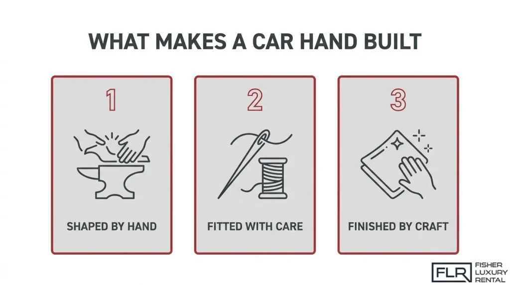 What makes a car hand built, including hand shaping, careful fitting, and handcrafted finishing