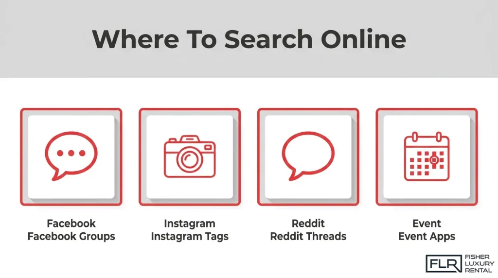 Online platforms for finding car groups including Facebook groups, Instagram tags, Reddit threads, and event apps