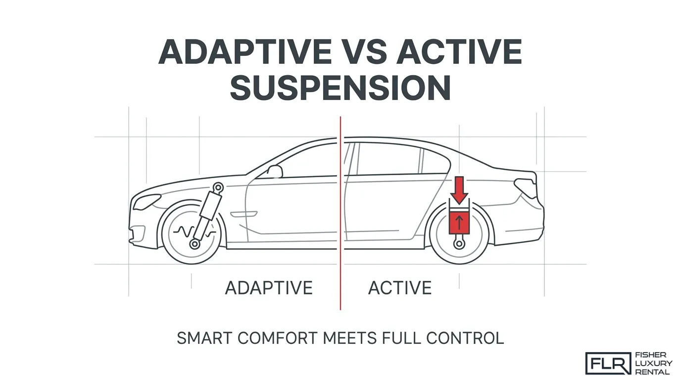 Adaptive vs. active suspension comparison diagram showing a luxury sedan with adjustable shock absorbers and active suspension components for improved ride comfort and body control.