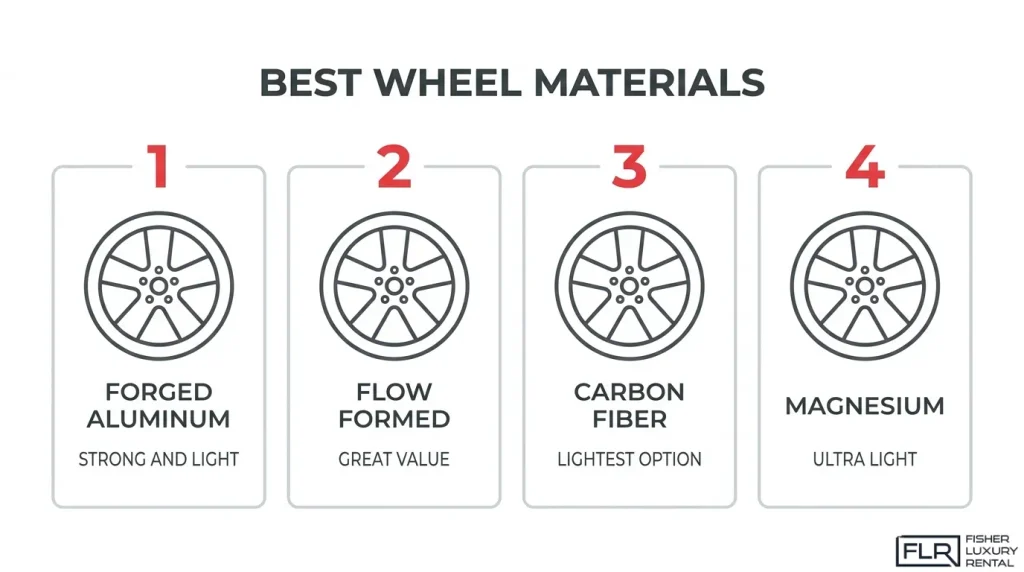 Comparison of four lightweight track wheel materials and construction types, including forged aluminum, flow-formed alloy, carbon fiber, and magnesium wheels.