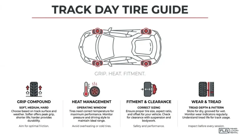 Track day tire guide infographic showing a supercar with key tire selection factors, including grip compound, heat management, tire fitment, clearance, and tread wear.