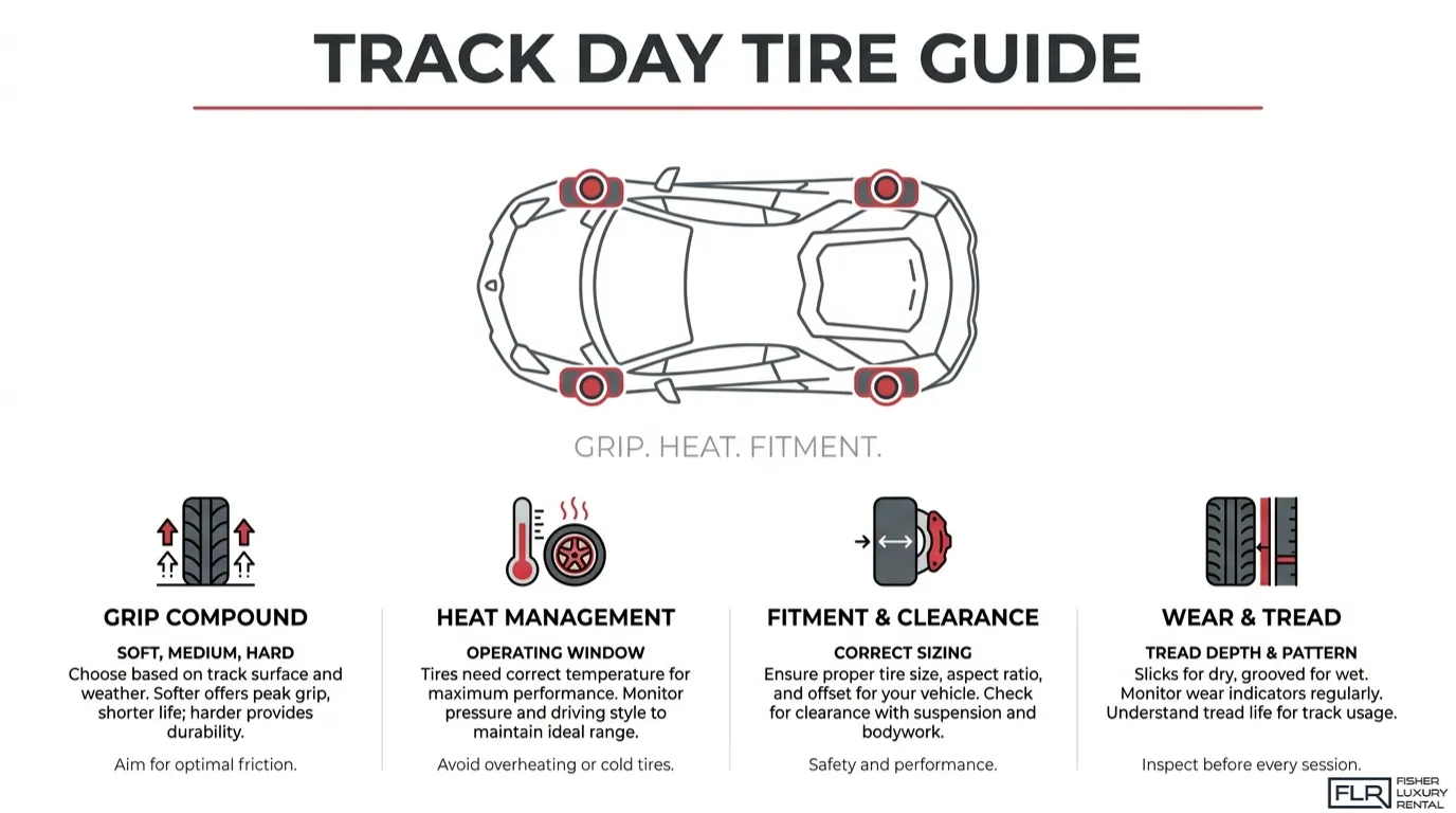 Track day tire guide infographic showing a supercar with key tire selection factors, including grip compound, heat management, tire fitment, clearance, and tread wear.