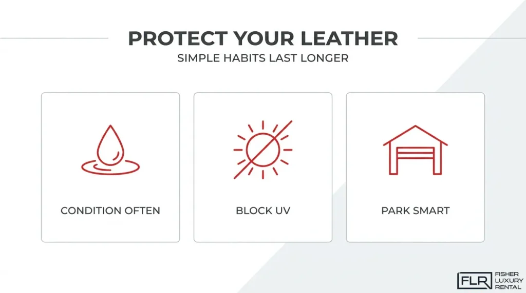 Infographic highlighting three car leather maintenance tips: condition leather regularly, protect upholstery from UV sunlight, and park in shaded or covered areas.