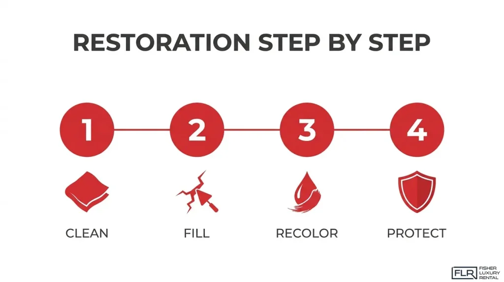 Four-step car leather restoration infographic showing the process of cleaning, filling cracks and damage, recoloring faded leather, and applying a protective finish.