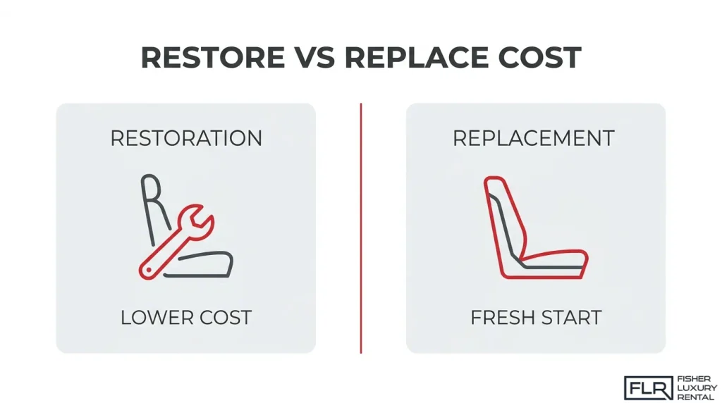 Infographic comparing car leather seat restoration and replacement, highlighting the lower cost of repairing existing upholstery versus installing new leather seats.