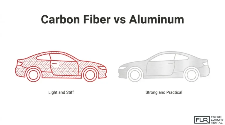 Carbon fiber vs. aluminum car chassis comparison showing carbon fiber as a lightweight, stiff material and aluminum as a strong, practical alternative for vehicle construction.