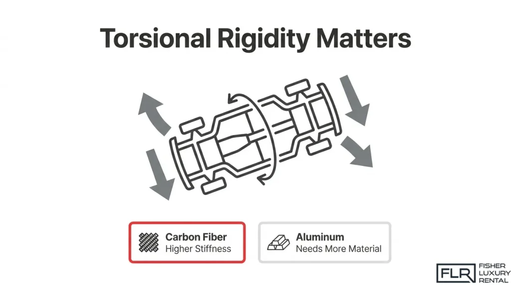 Diagram illustrating chassis torsional rigidity under twisting forces, comparing the stiffness of carbon fiber structures with aluminum chassis construction.