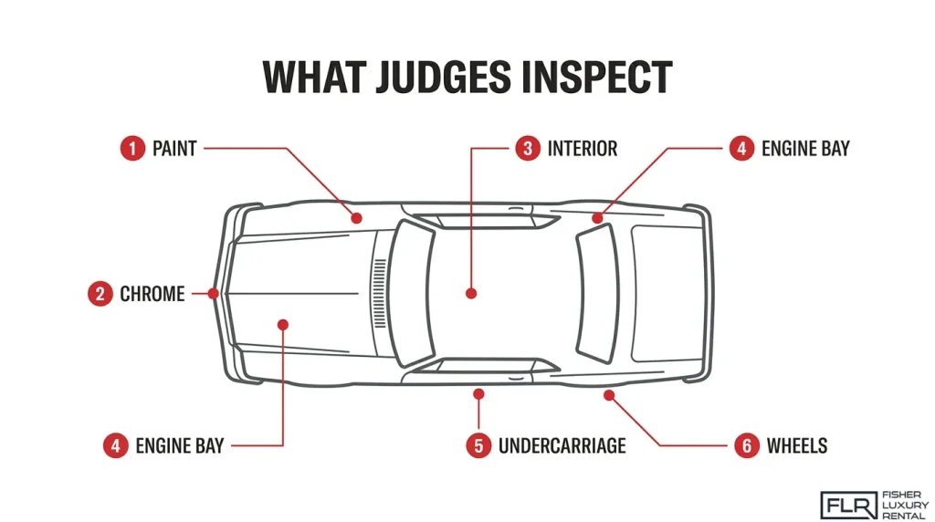 Classic car judging inspection diagram highlighting key evaluation areas, including exterior paint, chrome trim, interior condition, engine bay, undercarriage, and wheels.