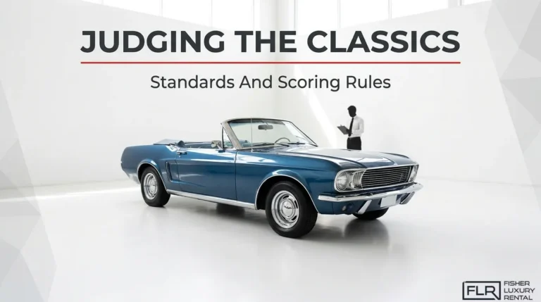 Classic car show judging standards featuring a blue vintage Ford Mustang convertible and a judge evaluating the vehicle using a scoring checklist.