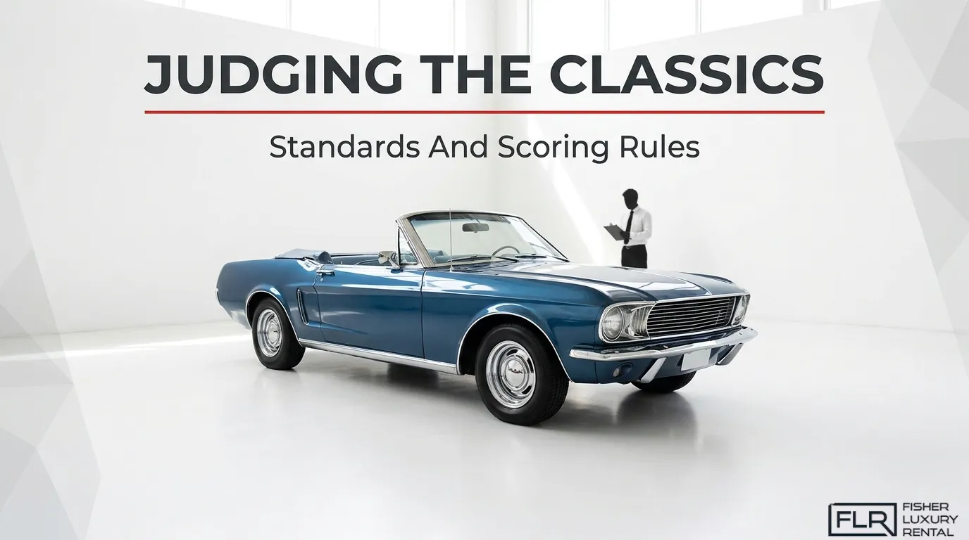 Classic car show judging standards featuring a blue vintage Ford Mustang convertible and a judge evaluating the vehicle using a scoring checklist.
