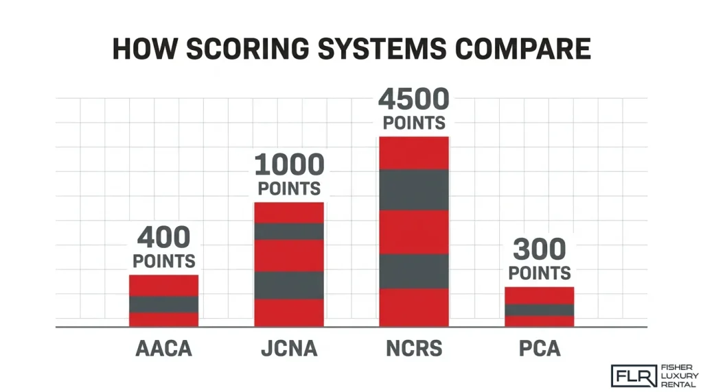 Bar chart comparing classic car show scoring scales for AACA, JCNA, NCRS, and PCA, showing illustrated point totals of 400, 1,000, 4,500, and 300.