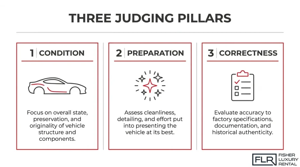 Concours d'Elegance judging criteria infographic highlighting three key evaluation factors: vehicle condition, preparation and detailing, and historical correctness.