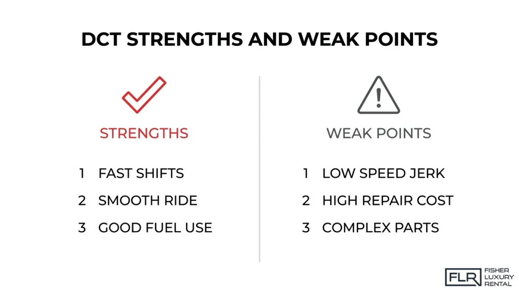 Dual-clutch transmission pros and cons infographic highlighting fast gear shifts, smooth driving, fuel efficiency, low-speed jerking, repair costs, and mechanical complexity.