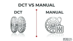 DCT vs. manual transmission comparison illustration showing dual-clutch transmission gears alongside a manual gearbox clutch and gear shifter.