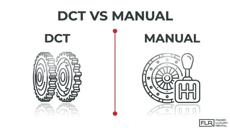 DCT vs. manual transmission comparison illustration showing dual-clutch transmission gears alongside a manual gearbox clutch and gear shifter.