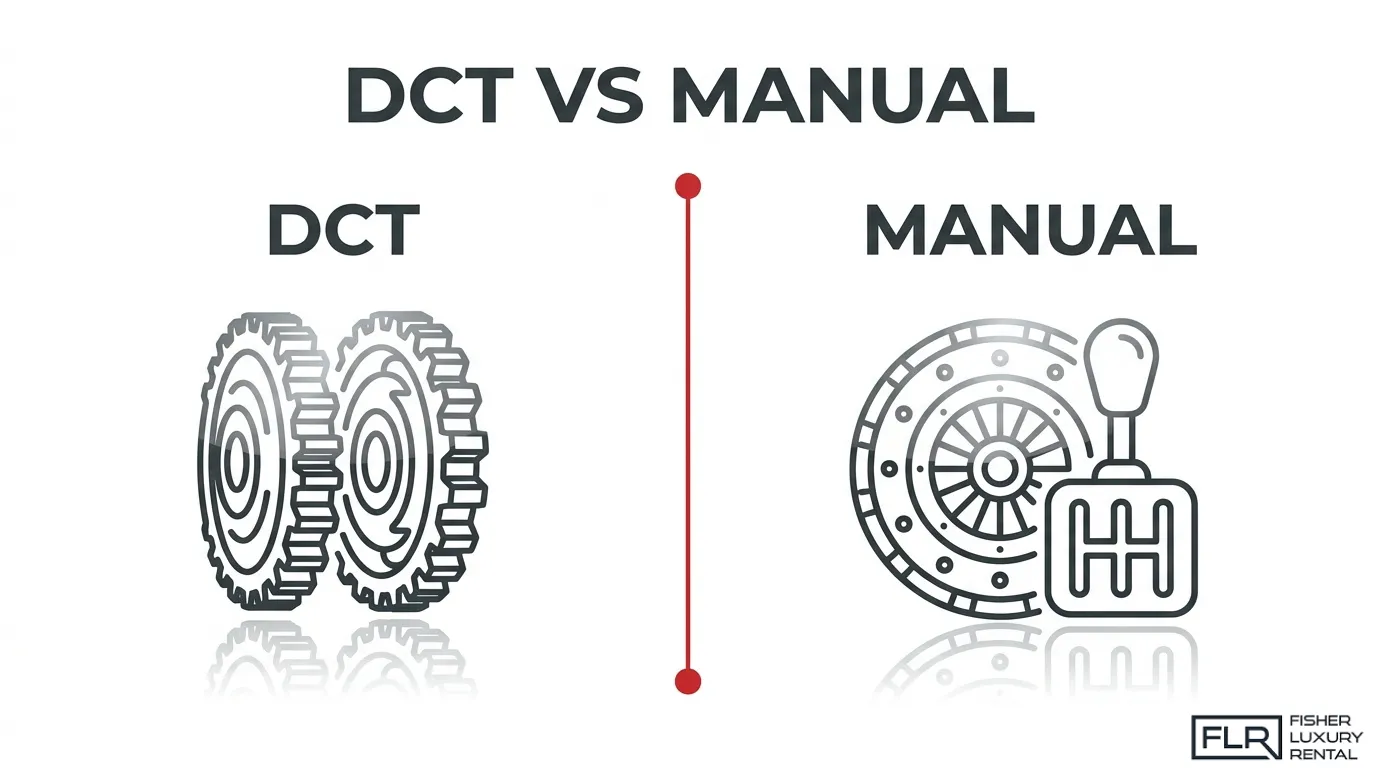DCT vs. manual transmission comparison illustration showing dual-clutch transmission gears alongside a manual gearbox clutch and gear shifter.