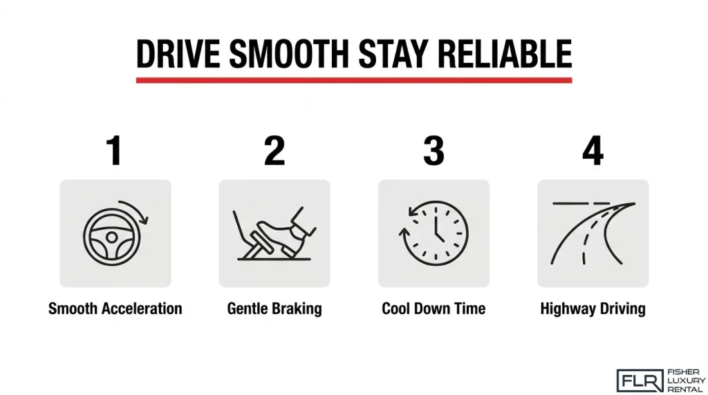 Infographic illustrating four driving habits for maintaining luxury grand tourer reliability: smooth acceleration, gentle braking, engine cooldown time, and highway driving.