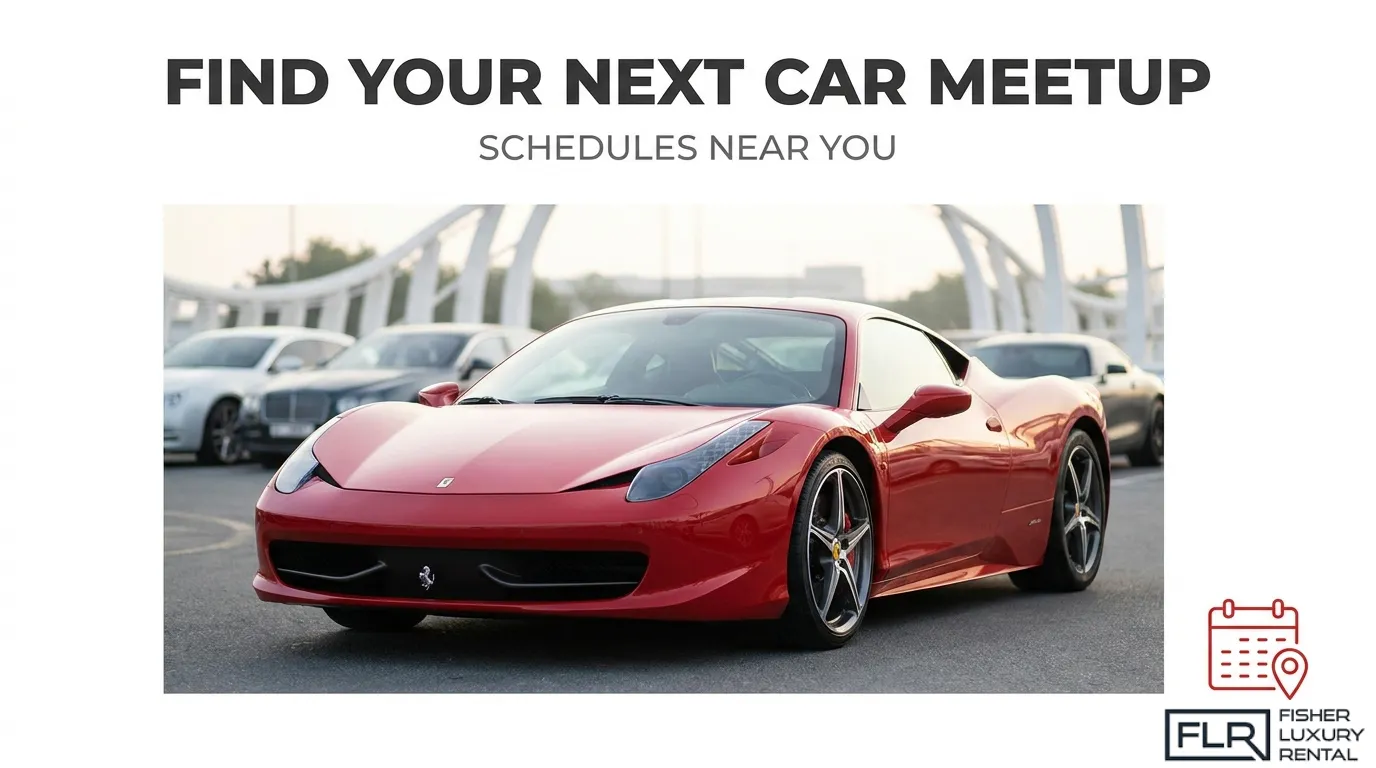 Red Ferrari 458 Italia displayed at a luxury car gathering with other high-end vehicles, illustrating exotic car meetup events and schedules near you.