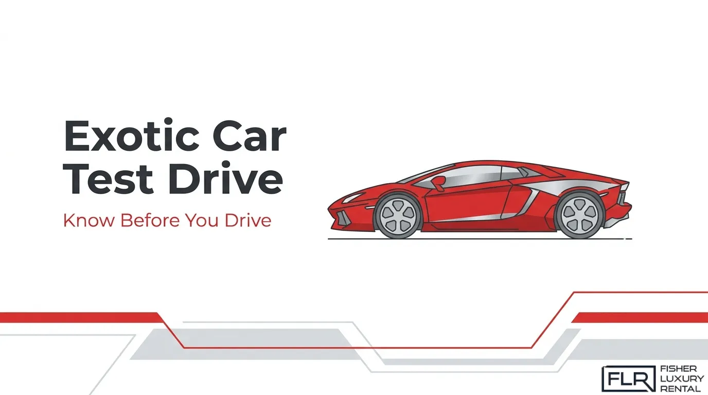 Exotic car test drive requirements guide featuring a red luxury supercar illustration with information about what drivers should know before driving an exotic vehicle.