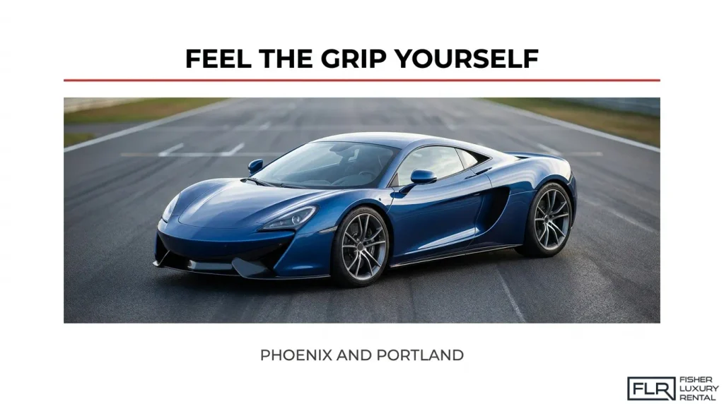 Blue luxury supercar parked on a racetrack with a promotional message about experiencing performance tire grip through supercar rentals in Phoenix and Portland.