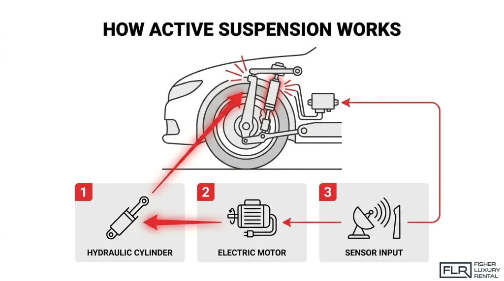 Diagram explaining how active suspension works using sensor inputs, an electric motor, and hydraulic cylinders to adjust a vehicle's suspension and control body movement.