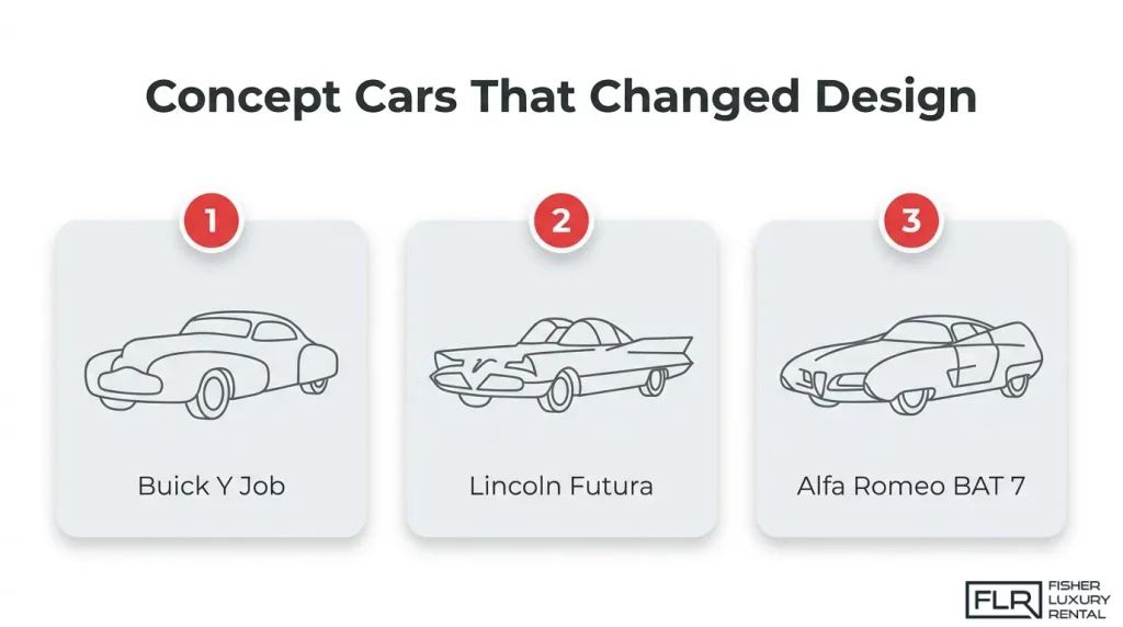 Illustration of three influential concept cars in automotive design history: the Buick Y-Job, Lincoln Futura, and Alfa Romeo BAT 7.