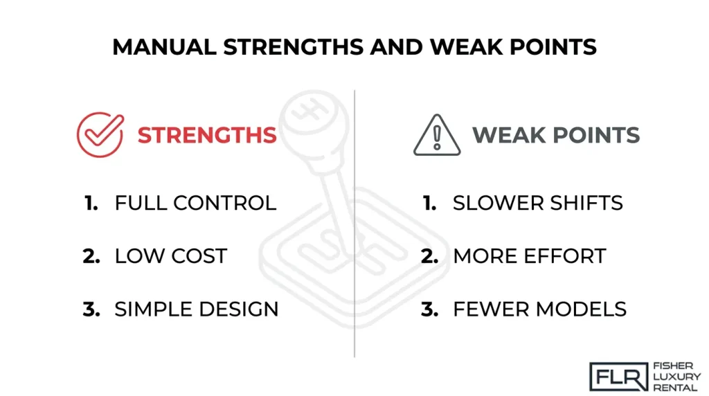 Manual transmission advantages and disadvantages infographic showing driver control, lower costs, simpler design, slower gear changes, increased effort, and limited model availability.