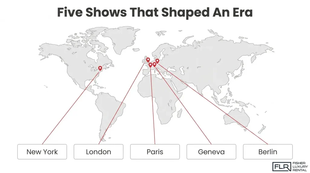 World map highlighting five influential international automobile shows held in New York, London, Paris, Geneva, and Berlin.